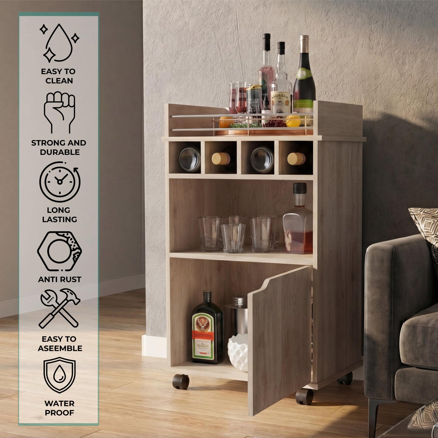 Phoenix Bar Cart with Two Open Shelves, Four Wine Cubbies and a Hinged-Door Storage Cabinet, Modern Mobile Serving Cart for Home Entertaining with Multi-Level Organization and Convenient Space-Saving Design