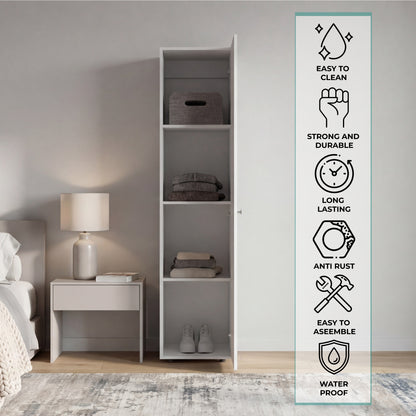 Home Linen Freestanding Tall Cabinet with Single Door and 4 Horizontal Storage Shelves, Cabinet for Bathroom, Bedroom or Laundry Room
