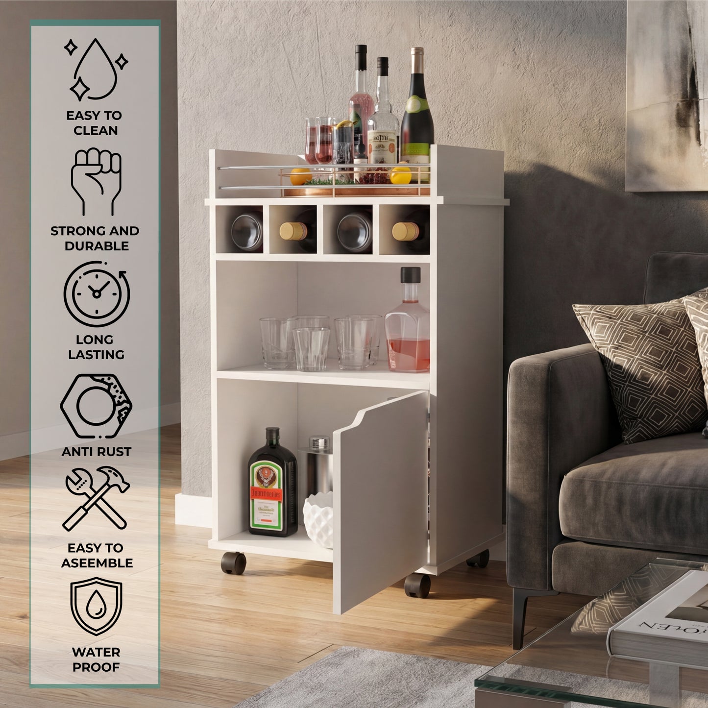 Phoenix Bar Cart with Two Open Shelves, Four Wine Cubbies and a Hinged-Door Storage Cabinet, Modern Mobile Serving Cart for Home Entertaining with Multi-Level Organization and Convenient Space-Saving Design