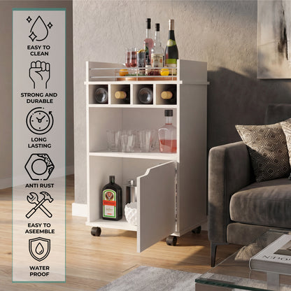 Phoenix Bar Cart with Two Open Shelves, Four Wine Cubbies and a Hinged-Door Storage Cabinet, Modern Mobile Serving Cart for Home Entertaining with Multi-Level Organization and Convenient Space-Saving Design