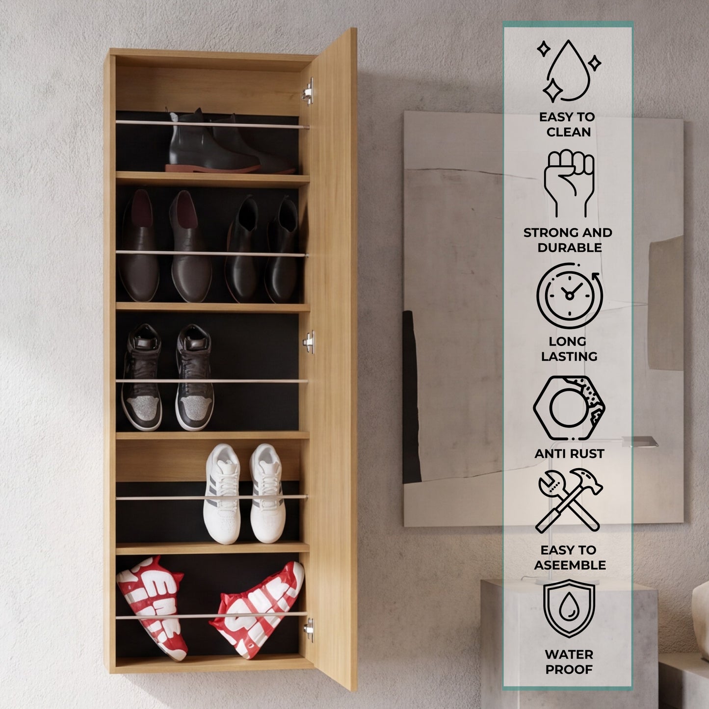 Leto Wall Mounted Shoe Rack with Full-Length Mirror, Single Door Cabinet, Space-Saving Vertical Organizer with Capacity for Ten Pairs, Entryway Storage Cabinet and Modern Shoe Organizer