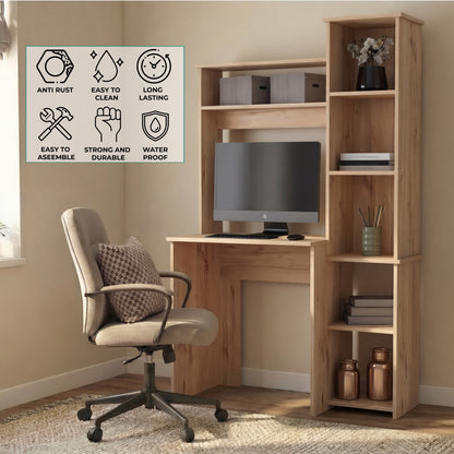 Tuhome Versalles Writing Desk with Two Superior Shelves, Five Side Open Storage Compartments, Space-Saving Modern Workstation Design for Studios and Offices, Ideal for Organization, Books, Accessories and Daily Productivity