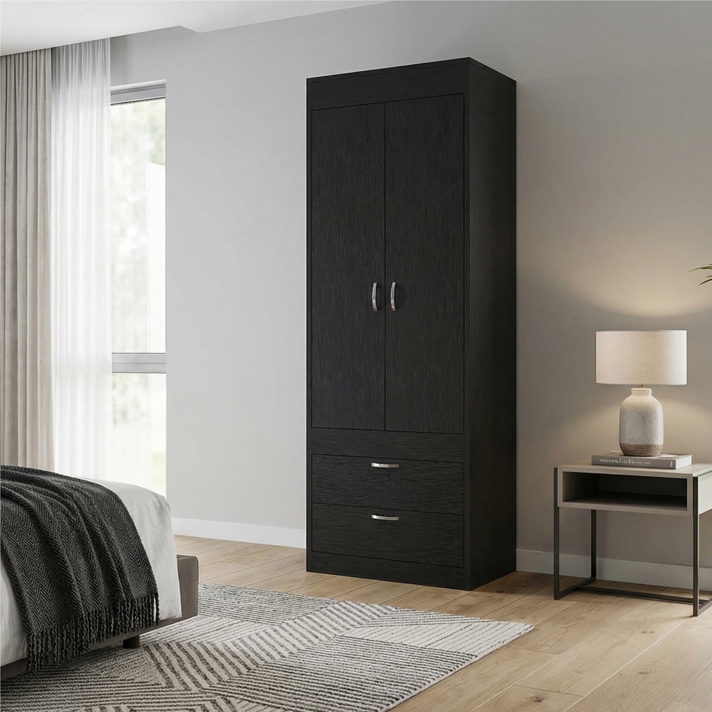 TUHOME Lisboa 2-Door Armoire with Double Door Storage, Two Spacious Drawers, Concealed Hanging Rod and Vertical Freestanding Wardrobe for Bedroom, Living Room, Kitchen or Garage Organization