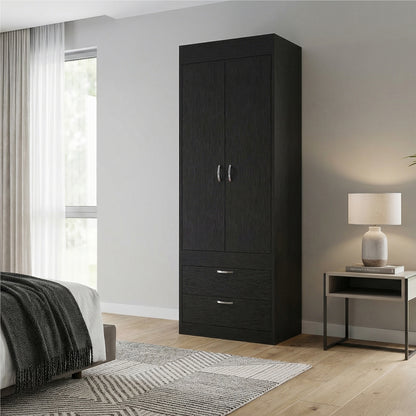TUHOME Lisboa 2-Door Armoire with Double Door Storage, Two Spacious Drawers, Concealed Hanging Rod and Vertical Freestanding Wardrobe for Bedroom, Living Room, Kitchen or Garage Organization