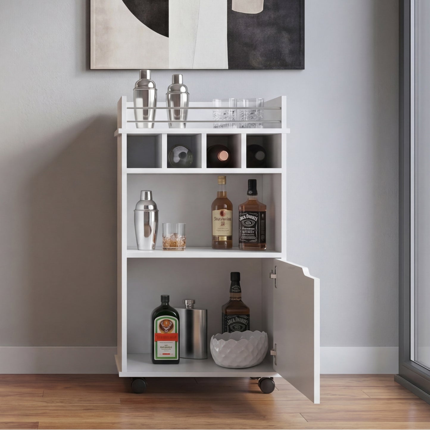 Phoenix Bar Cart with Two Open Shelves, Four Wine Cubbies and a Hinged-Door Storage Cabinet, Modern Mobile Serving Cart for Home Entertaining with Multi-Level Organization and Convenient Space-Saving Design