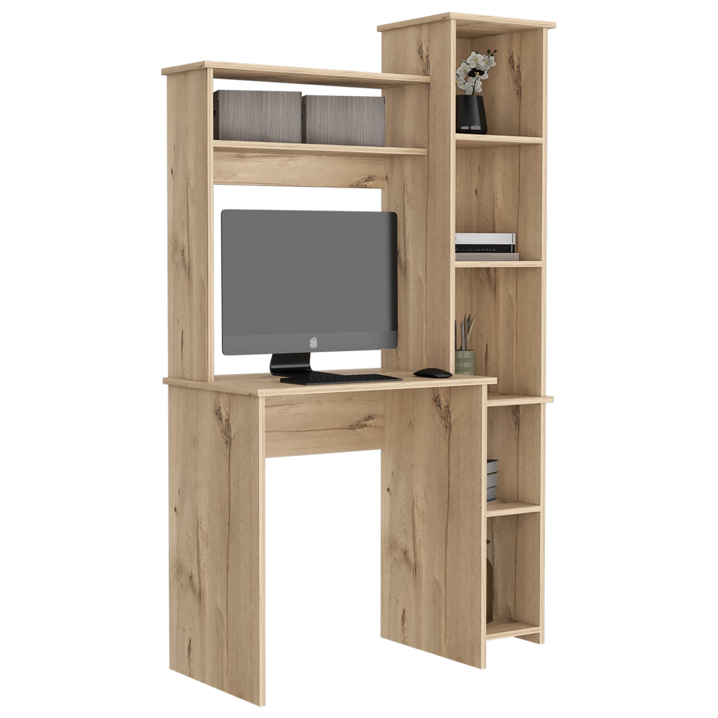 Tuhome Versalles Writing Desk with Two Superior Shelves, Five Side Open Storage Compartments, Space-Saving Modern Workstation Design for Studios and Offices, Ideal for Organization, Books, Accessories and Daily Productivity