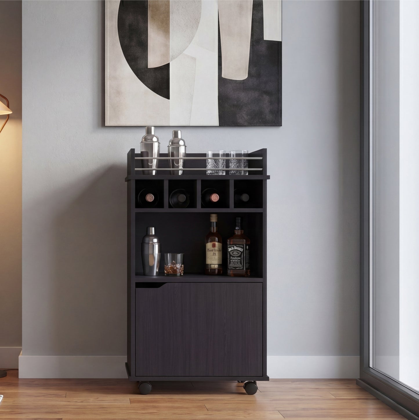 Phoenix Bar Cart with Two Open Shelves, Four Wine Cubbies and a Hinged-Door Storage Cabinet, Modern Mobile Serving Cart for Home Entertaining with Multi-Level Organization and Convenient Space-Saving Design