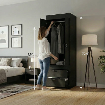 TUHOME Lisboa 2-Door Armoire with Double Door Storage, Two Spacious Drawers, Concealed Hanging Rod and Vertical Freestanding Wardrobe for Bedroom, Living Room, Kitchen or Garage Organization