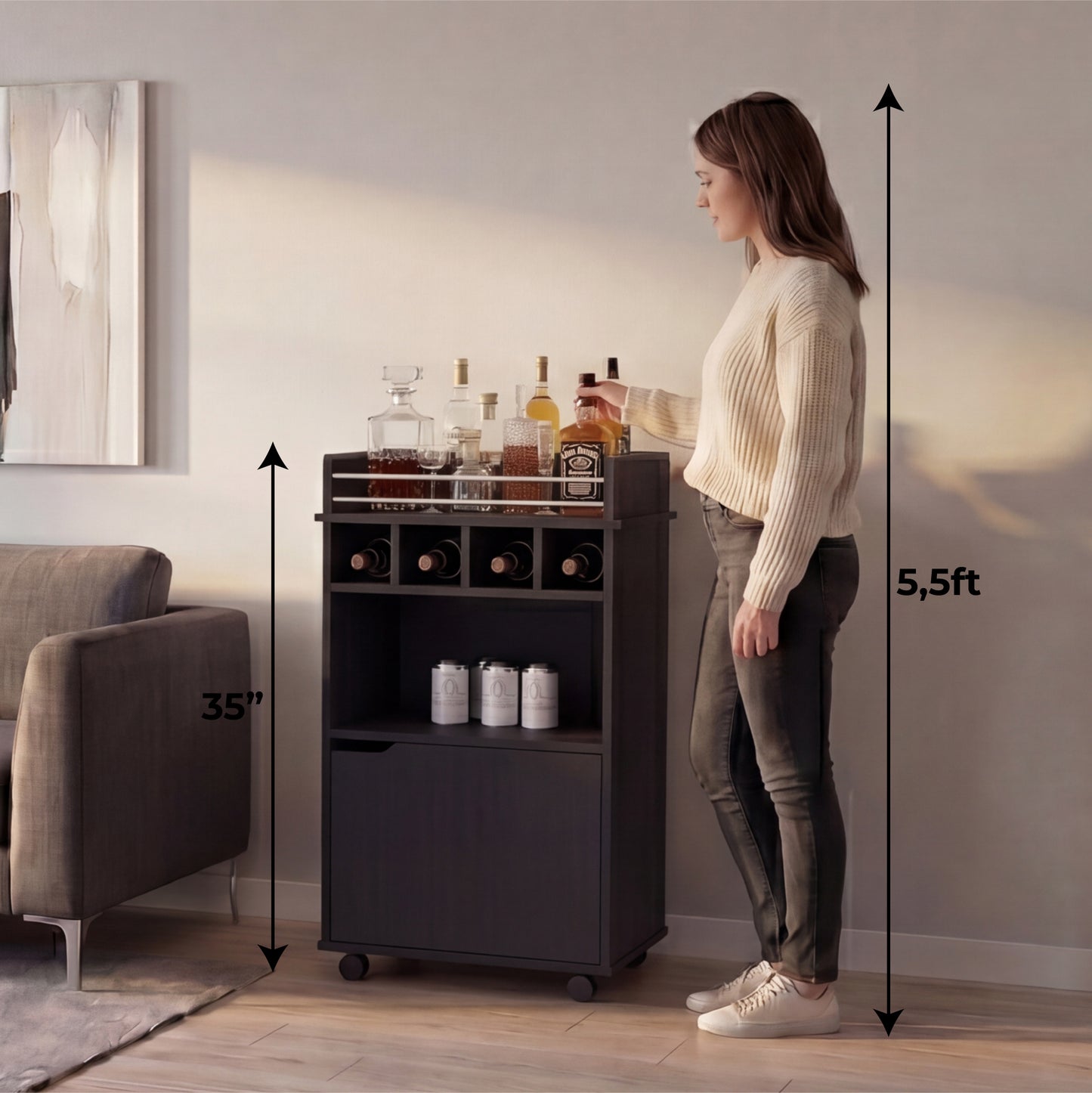 Phoenix Bar Cart with Two Open Shelves, Four Wine Cubbies and a Hinged-Door Storage Cabinet, Modern Mobile Serving Cart for Home Entertaining with Multi-Level Organization and Convenient Space-Saving Design