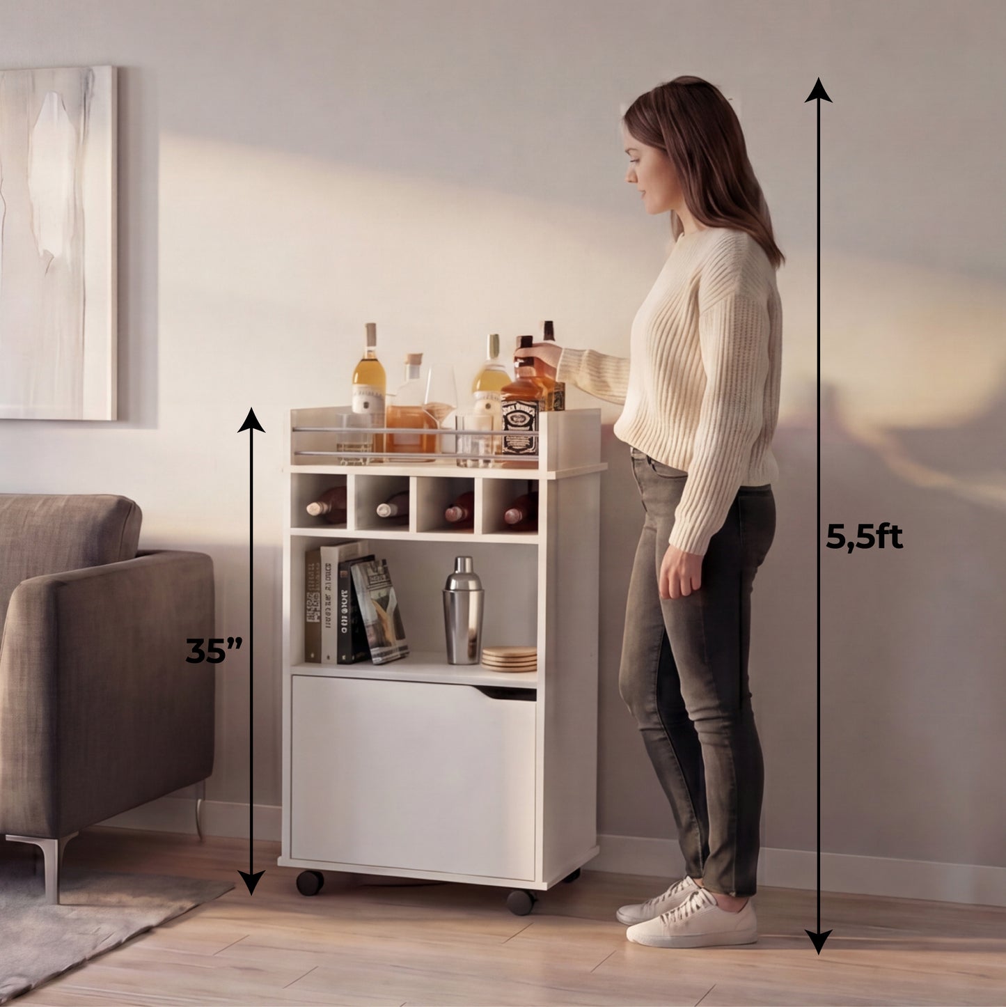 Phoenix Bar Cart with Two Open Shelves, Four Wine Cubbies and a Hinged-Door Storage Cabinet, Modern Mobile Serving Cart for Home Entertaining with Multi-Level Organization and Convenient Space-Saving Design
