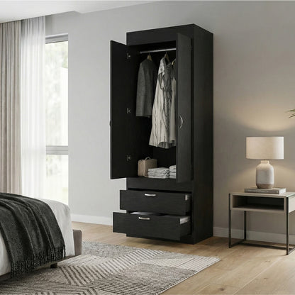 TUHOME Lisboa 2-Door Armoire with Double Door Storage, Two Spacious Drawers, Concealed Hanging Rod and Vertical Freestanding Wardrobe for Bedroom, Living Room, Kitchen or Garage Organization