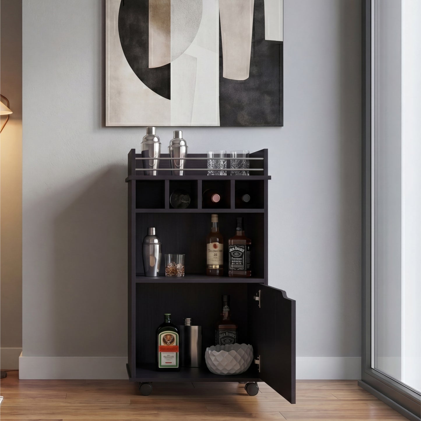 Phoenix Bar Cart with Two Open Shelves, Four Wine Cubbies and a Hinged-Door Storage Cabinet, Modern Mobile Serving Cart for Home Entertaining with Multi-Level Organization and Convenient Space-Saving Design