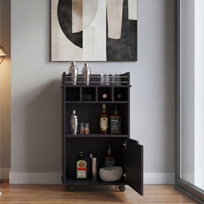 Phoenix Bar Cart with Two Open Shelves, Four Wine Cubbies and a Hinged-Door Storage Cabinet, Modern Mobile Serving Cart for Home Entertaining with Multi-Level Organization and Convenient Space-Saving Design