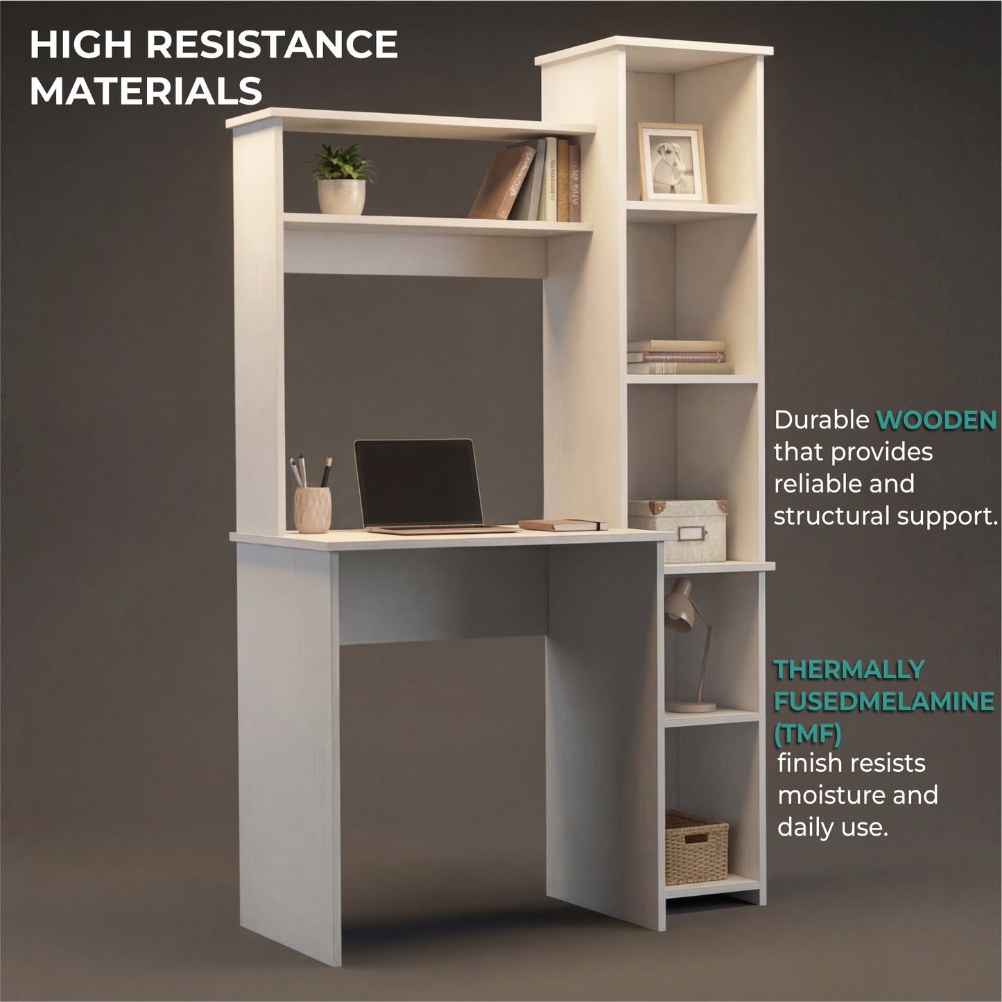 Tuhome Versalles Writing Desk with Two Superior Shelves, Five Side Open Storage Compartments, Space-Saving Modern Workstation Design for Studios and Offices, Ideal for Organization, Books, Accessories and Daily Productivity
