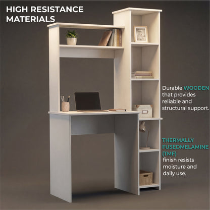 Tuhome Versalles Writing Desk with Two Superior Shelves, Five Side Open Storage Compartments, Space-Saving Modern Workstation Design for Studios and Offices, Ideal for Organization, Books, Accessories and Daily Productivity