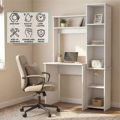 Tuhome Versalles Writing Desk with Two Superior Shelves, Five Side Open Storage Compartments, Space-Saving Modern Workstation Design for Studios and Offices, Ideal for Organization, Books, Accessories and Daily Productivity
