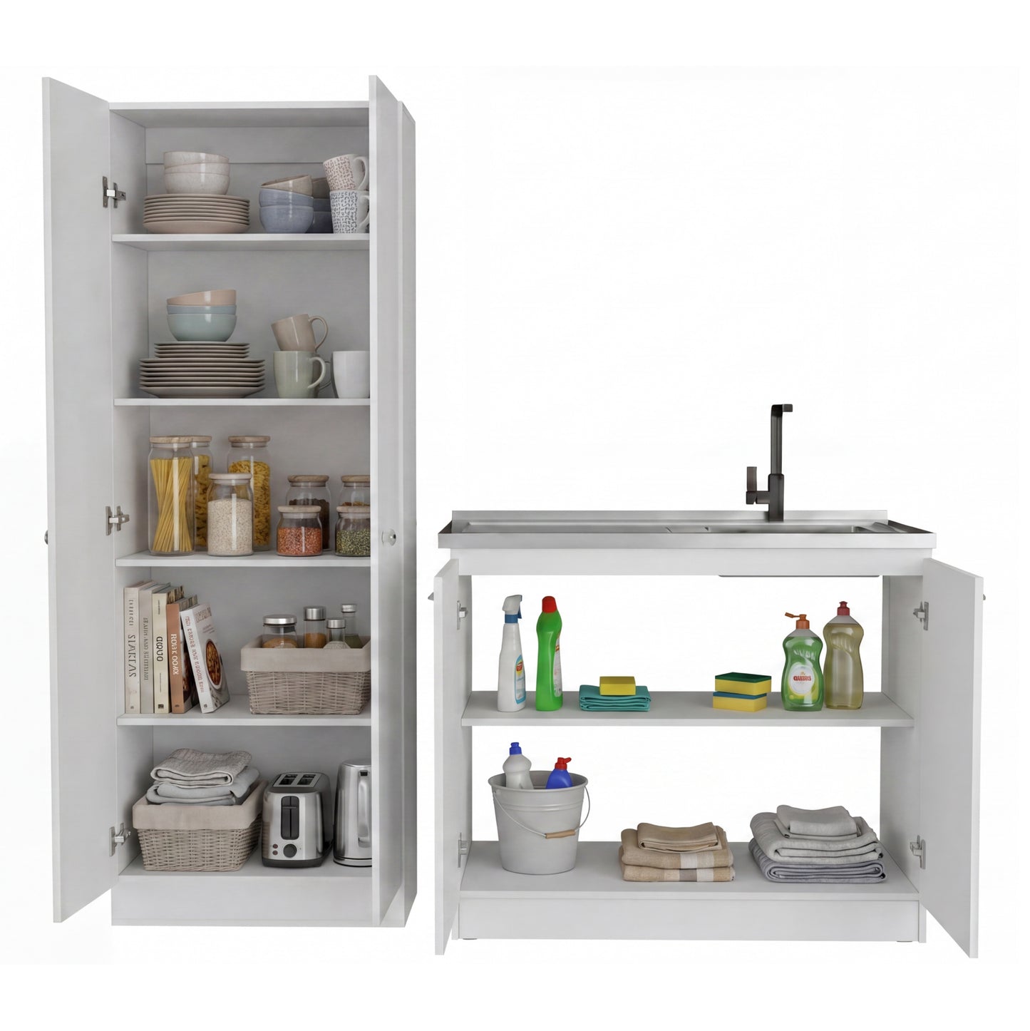 TUHOME Belmont 2-Piece Kitchen Set with Compact Countertop Island and Storage Cabinet, Modern Prep and Pantry Organization for Apartments and Small Kitchens, 35.4"H x 39.3"W x 19.7"D, White