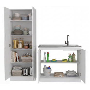 TUHOME Belmont 2-Piece Kitchen Set with Compact Countertop Island and Storage Cabinet, Modern Prep and Pantry Organization for Apartments and Small Kitchens, 35.4"H x 39.3"W x 19.7"D, White