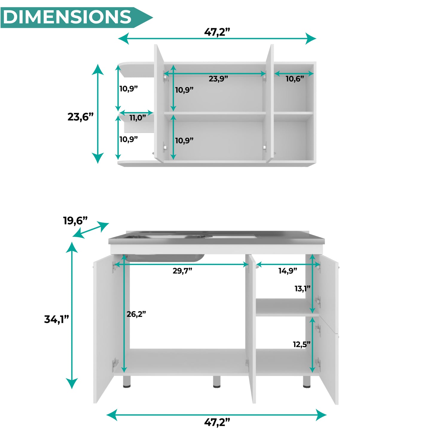 Elica Kitchen Cabinet Set with Upper and Lower Storage, 4 Doors and Open Shelves, Modern Wall-Mounted and Base Units for Storing Cookware, Pantry Items, and Dinnerware, Spacious and Functional Kitchen Storage Solution