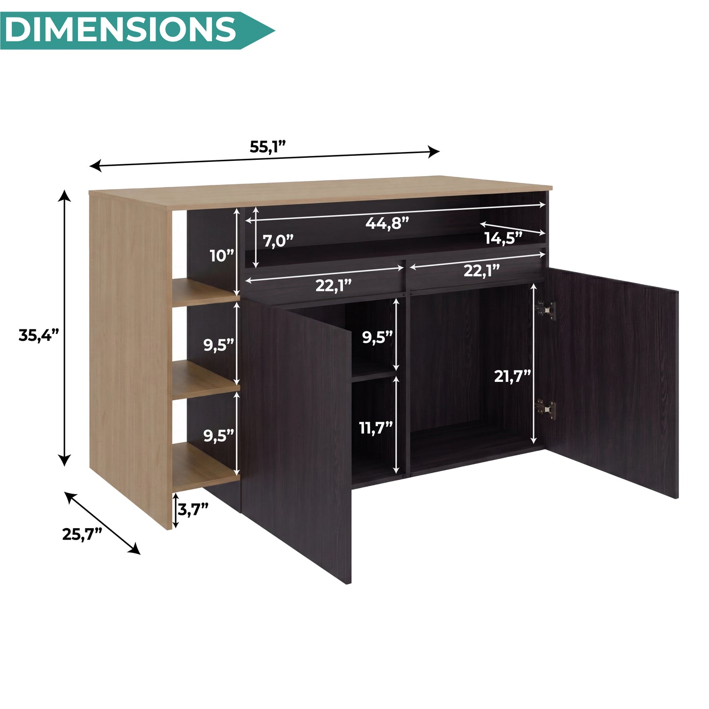 Bari Modern Kitchen Island and Counter Dining Table, Compact Structure with 4 Open Display Shelves, Two-Door Cabinet and, Spacious Dining Countertop