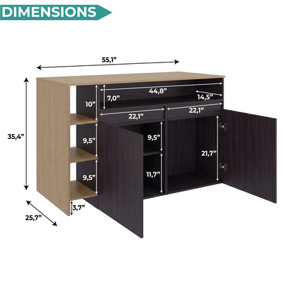 Bari Modern Kitchen Island and Counter Dining Table, Compact Structure with 4 Open Display Shelves, Two-Door Cabinet and, Spacious Dining Countertop