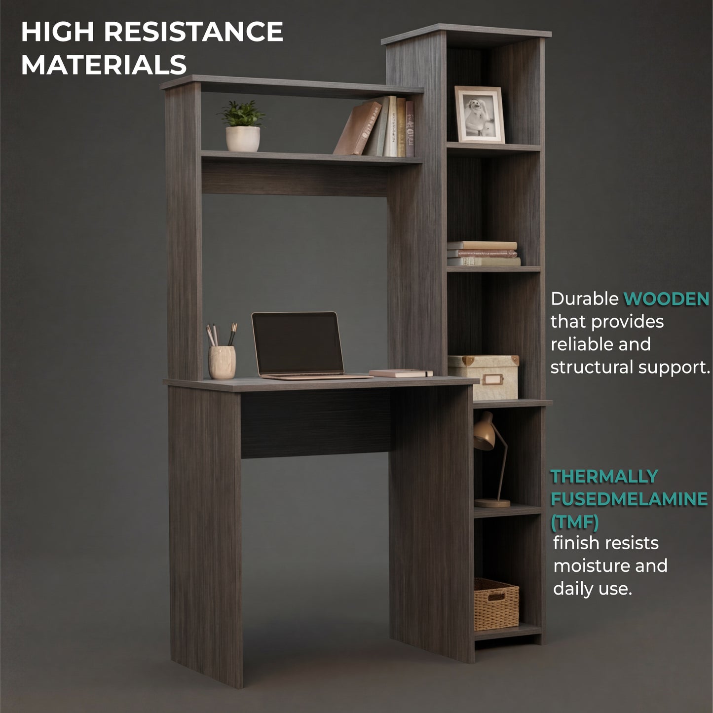 Tuhome Versalles Writing Desk with Two Superior Shelves, Five Side Open Storage Compartments, Space-Saving Modern Workstation Design for Studios and Offices, Ideal for Organization, Books, Accessories and Daily Productivity