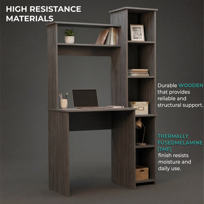 Tuhome Versalles Writing Desk with Two Superior Shelves, Five Side Open Storage Compartments, Space-Saving Modern Workstation Design for Studios and Offices, Ideal for Organization, Books, Accessories and Daily Productivity