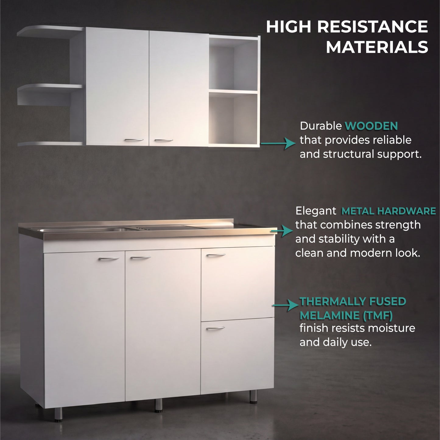 Elica Kitchen Cabinet Set with Upper and Lower Storage, 4 Doors and Open Shelves, Modern Wall-Mounted and Base Units for Storing Cookware, Pantry Items, and Dinnerware, Spacious and Functional Kitchen Storage Solution