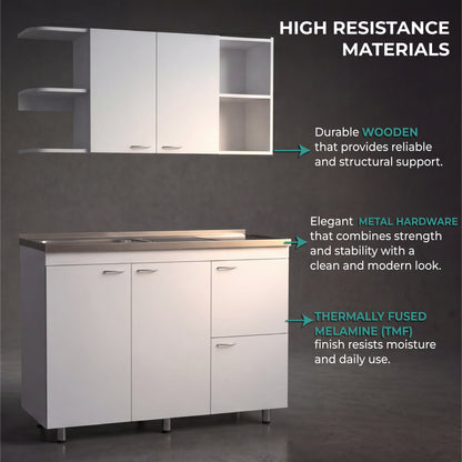 Elica Kitchen Cabinet Set with Upper and Lower Storage, 4 Doors and Open Shelves, Modern Wall-Mounted and Base Units for Storing Cookware, Pantry Items, and Dinnerware, Spacious and Functional Kitchen Storage Solution