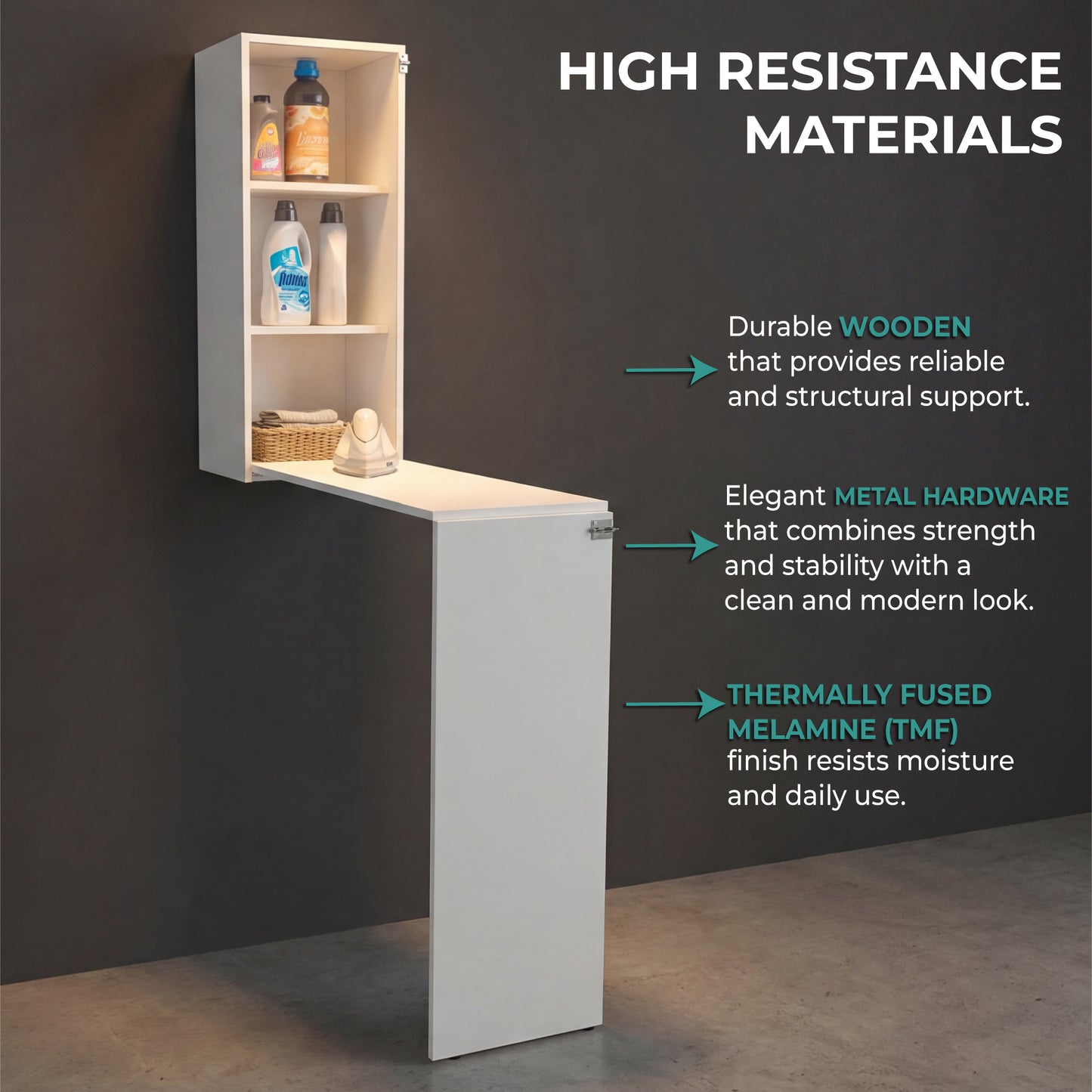 Iron 42" Wide Foldable Table Cabinet with Pull-Down Table, Space-Saving Foldable Desk and Dining Table Alternative, Multi-Use Ironing Cabinet and Wall-Mounted Convertible Workstation for Home Organization