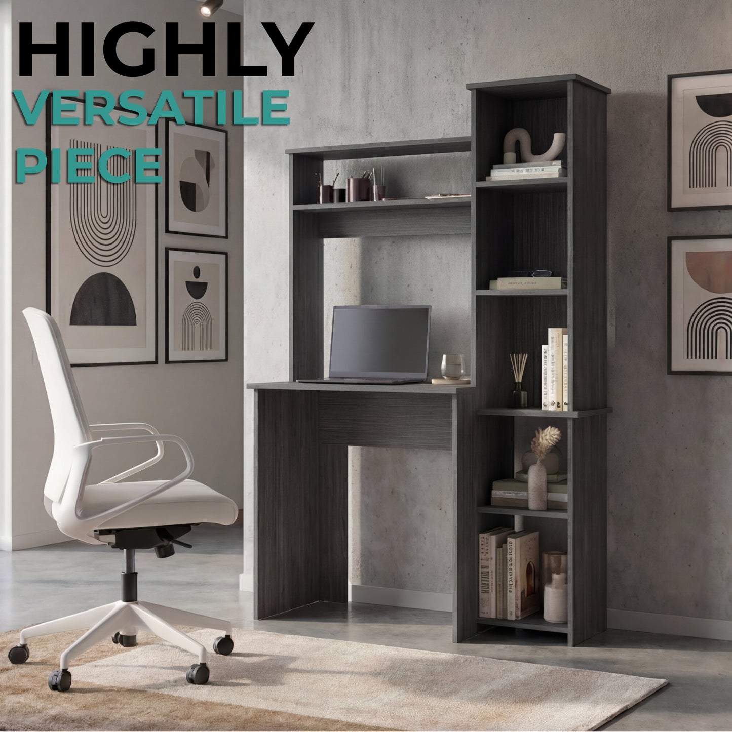 Tuhome Versalles Writing Desk with Two Superior Shelves, Five Side Open Storage Compartments, Space-Saving Modern Workstation Design for Studios and Offices, Ideal for Organization, Books, Accessories and Daily Productivity