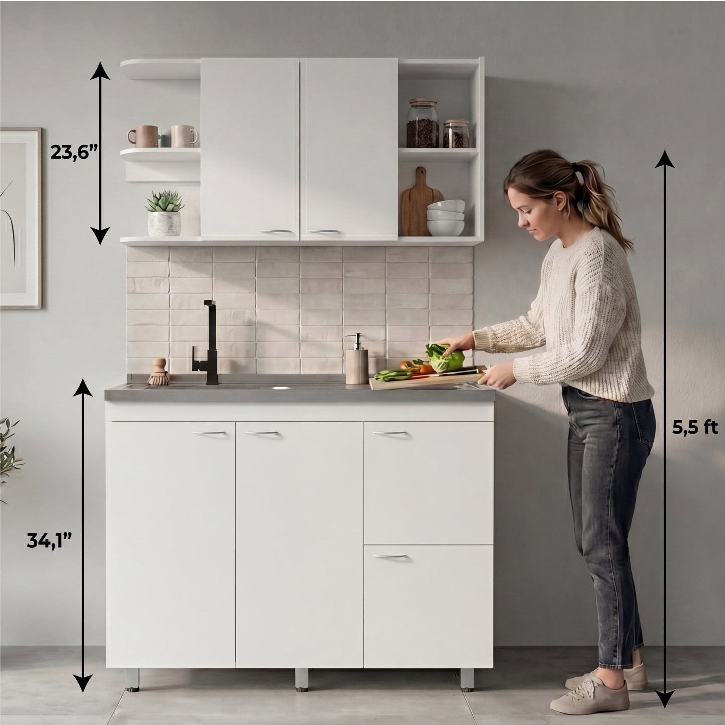 Elica Kitchen Cabinet Set with Upper and Lower Storage, 4 Doors and Open Shelves, Modern Wall-Mounted and Base Units for Storing Cookware, Pantry Items, and Dinnerware, Spacious and Functional Kitchen Storage Solution