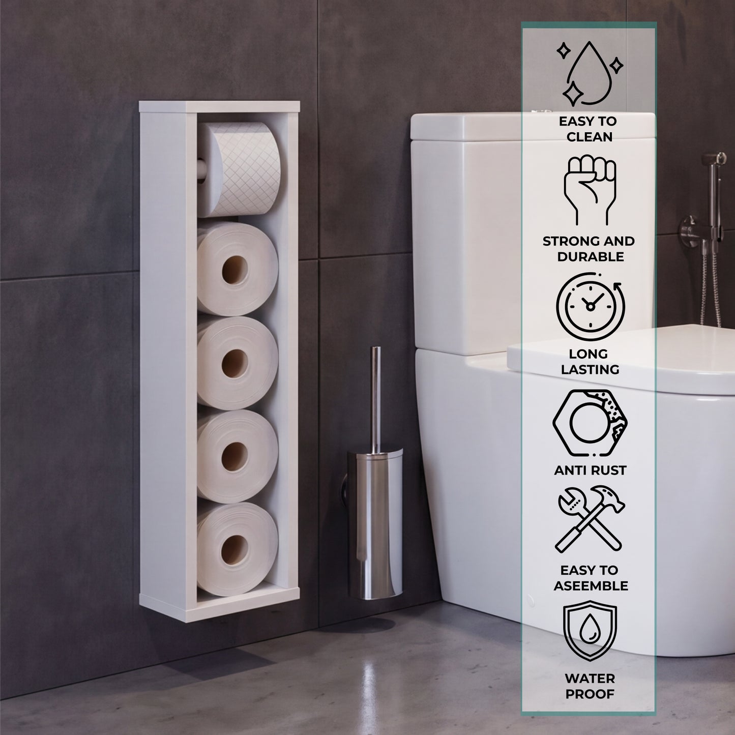 TUHOME Bali 28-Inch Toilet Paper Holder Shelf Organizer with Multiple Roll Compartments and Upper Storage Surface, Slim Space-Saving Bathroom Organizer for Tight Areas in Bathrooms, Living Rooms or Kitchens