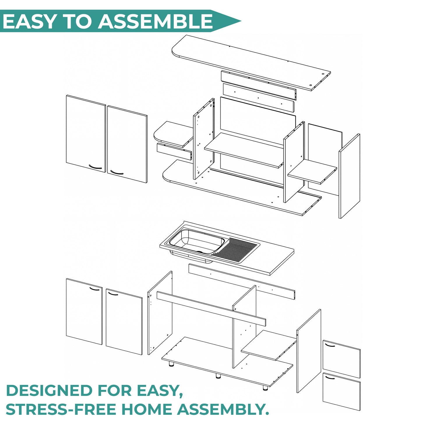 Elica Kitchen Cabinet Set with Upper and Lower Storage, 4 Doors and Open Shelves, Modern Wall-Mounted and Base Units for Storing Cookware, Pantry Items, and Dinnerware, Spacious and Functional Kitchen Storage Solution