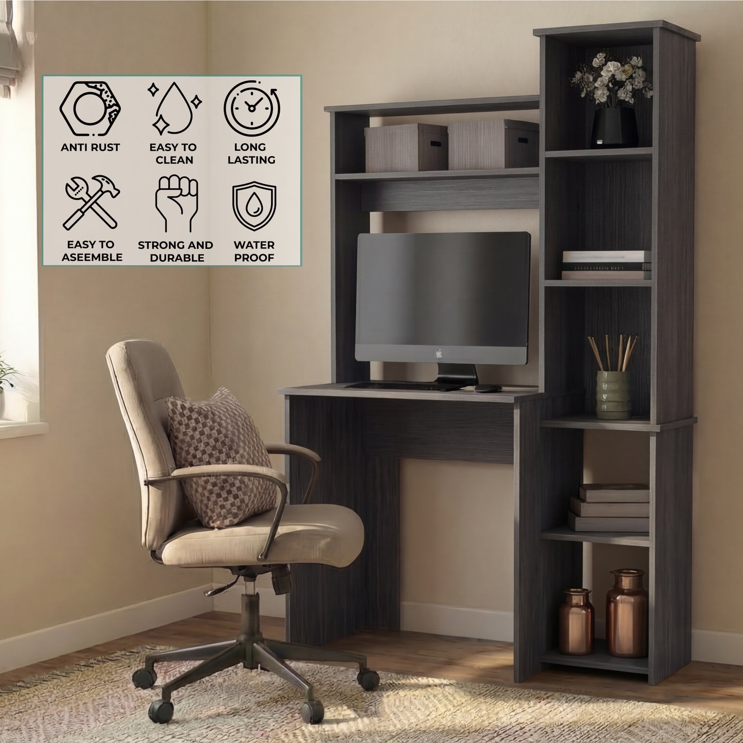 Tuhome Versalles Writing Desk with Two Superior Shelves, Five Side Open Storage Compartments, Space-Saving Modern Workstation Design for Studios and Offices, Ideal for Organization, Books, Accessories and Daily Productivity