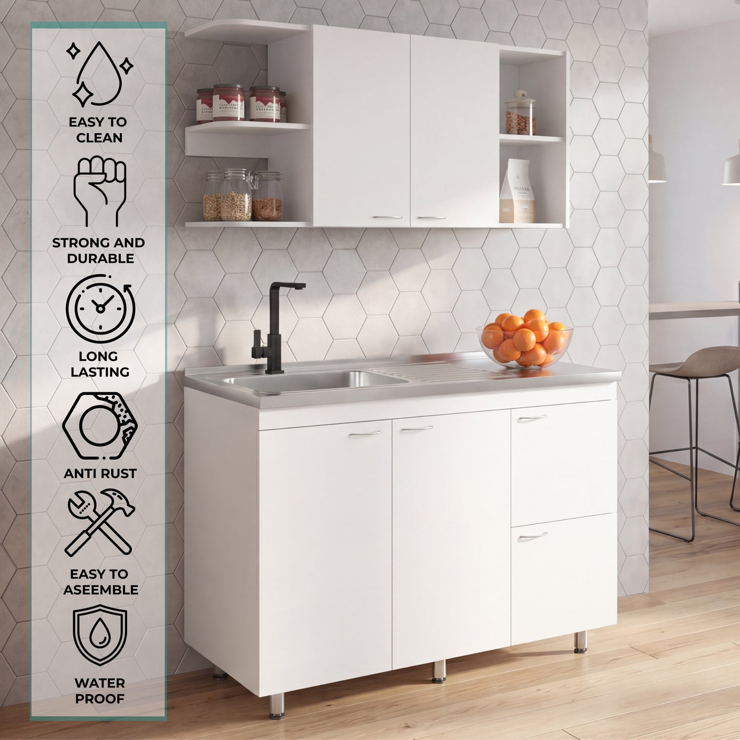 Elica Kitchen Cabinet Set with Upper and Lower Storage, 4 Doors and Open Shelves, Modern Wall-Mounted and Base Units for Storing Cookware, Pantry Items, and Dinnerware, Spacious and Functional Kitchen Storage Solution