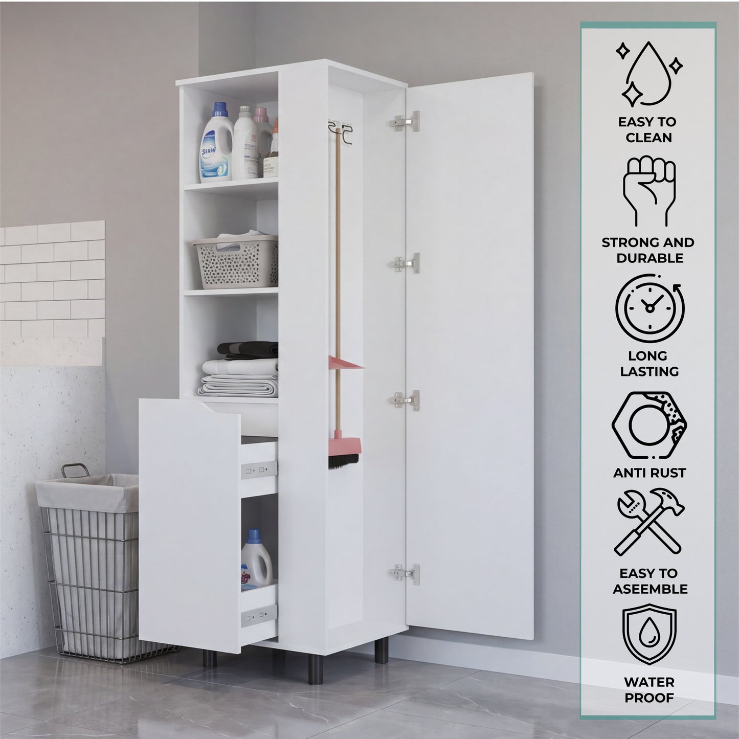 Vidalia Broom Cabinet for Home and Utility Storage, Tall Cleaning Supply Organizer with Enclosed Design for Laundry Room or Kitchen Use, Space-Saving Storage Solution, White Finish