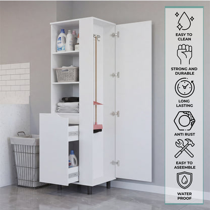 Vidalia Broom Cabinet for Home and Utility Storage, Tall Cleaning Supply Organizer with Enclosed Design for Laundry Room or Kitchen Use, Space-Saving Storage Solution, White Finish