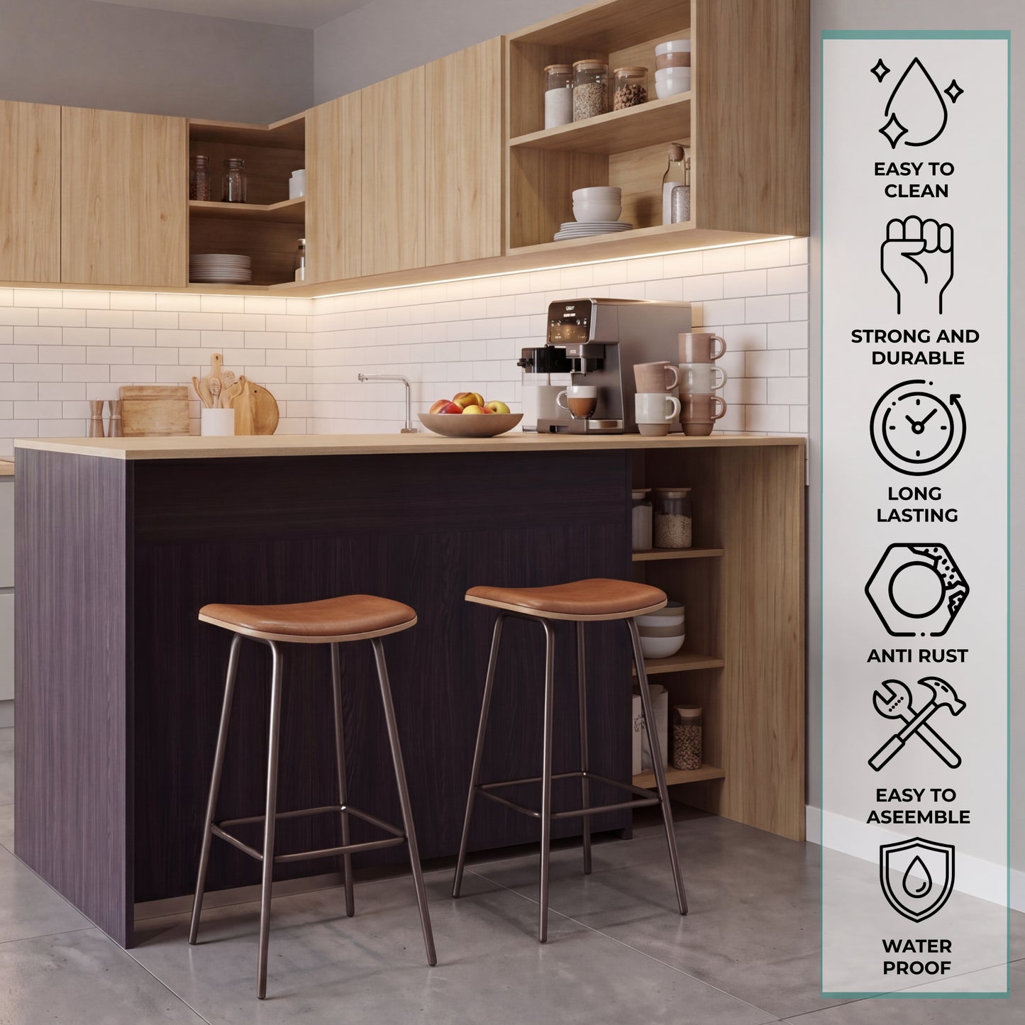 Bari Modern Kitchen Island and Counter Dining Table, Compact Structure with 4 Open Display Shelves, Two-Door Cabinet and, Spacious Dining Countertop