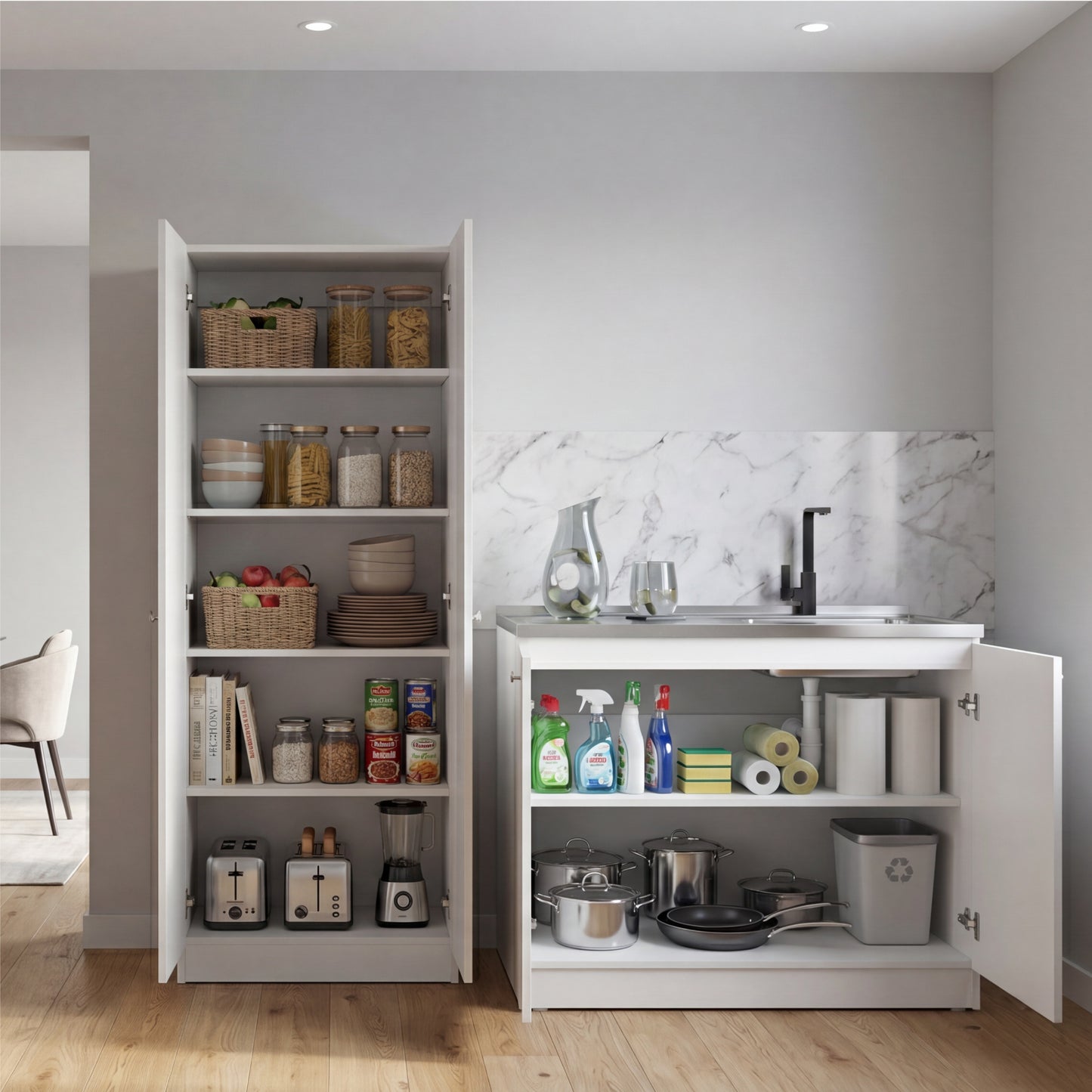 TUHOME Belmont 2-Piece Kitchen Set with Compact Countertop Island and Storage Cabinet, Modern Prep and Pantry Organization for Apartments and Small Kitchens, 35.4"H x 39.3"W x 19.7"D, White