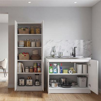 TUHOME Belmont 2-Piece Kitchen Set with Compact Countertop Island and Storage Cabinet, Modern Prep and Pantry Organization for Apartments and Small Kitchens, 35.4"H x 39.3"W x 19.7"D, White