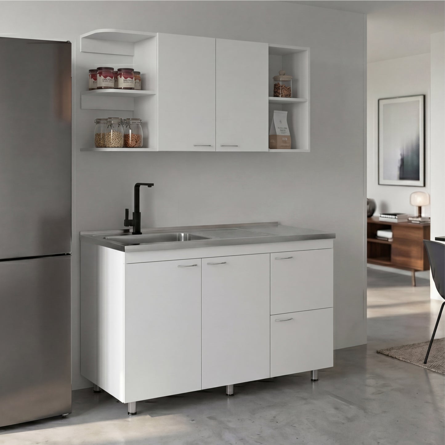 Elica Kitchen Cabinet Set with Upper and Lower Storage, 4 Doors and Open Shelves, Modern Wall-Mounted and Base Units for Storing Cookware, Pantry Items, and Dinnerware, Spacious and Functional Kitchen Storage Solution