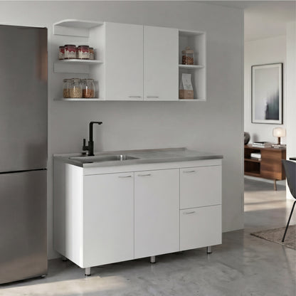 Elica Kitchen Cabinet Set with Upper and Lower Storage, 4 Doors and Open Shelves, Modern Wall-Mounted and Base Units for Storing Cookware, Pantry Items, and Dinnerware, Spacious and Functional Kitchen Storage Solution