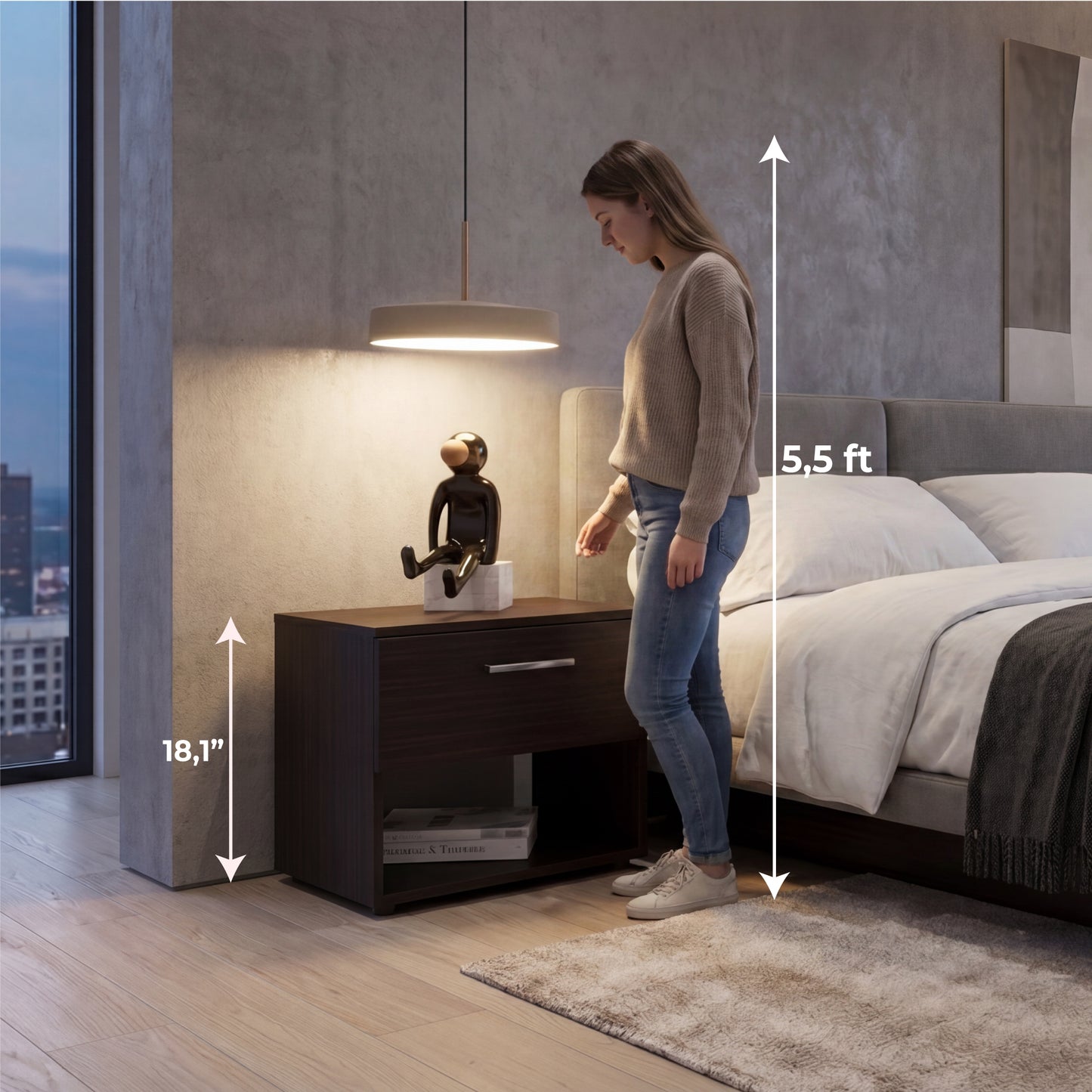 Alpine 18" High One Drawer Nightstand with Open Shelf, Compact Bedside Table and Modern Side Table for Bedroom or Living Room Storage, Minimalist End Table with Functional Design and Practical Everyday Organization