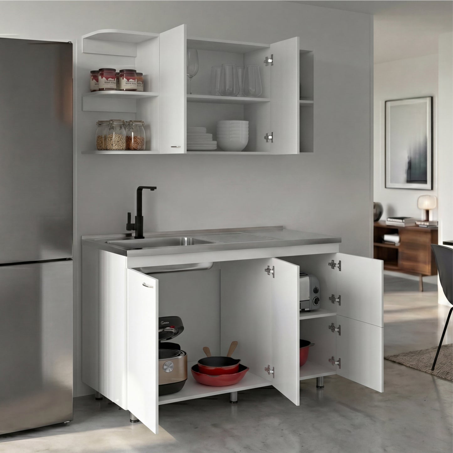 Elica Kitchen Cabinet Set with Upper and Lower Storage, 4 Doors and Open Shelves, Modern Wall-Mounted and Base Units for Storing Cookware, Pantry Items, and Dinnerware, Spacious and Functional Kitchen Storage Solution