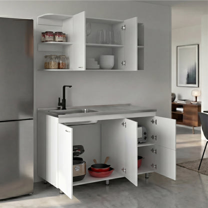 Elica Kitchen Cabinet Set with Upper and Lower Storage, 4 Doors and Open Shelves, Modern Wall-Mounted and Base Units for Storing Cookware, Pantry Items, and Dinnerware, Spacious and Functional Kitchen Storage Solution