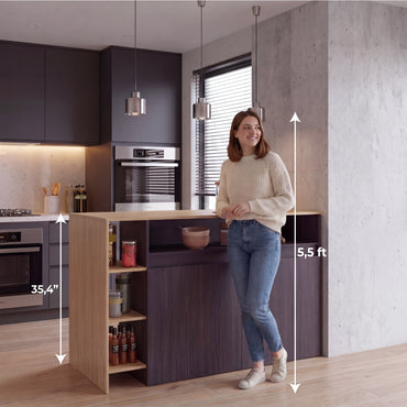 Bari Modern Kitchen Island and Counter Dining Table, Compact Structure with 4 Open Display Shelves, Two-Door Cabinet and, Spacious Dining Countertop