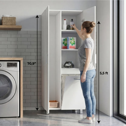 Iris 71" High Two-Door Broom Bathroom and Laundry Storage Cabinet with Hamper, Four Shelves, Hangers, and Storage Closet, Versatile Storage Solution for Laundry Rooms, Kitchens, and Utility Closets