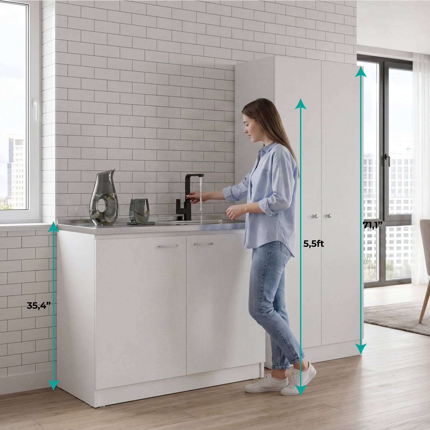 TUHOME Belmont 2-Piece Kitchen Set with Compact Countertop Island and Storage Cabinet, Modern Prep and Pantry Organization for Apartments and Small Kitchens, 35.4"H x 39.3"W x 19.7"D, White