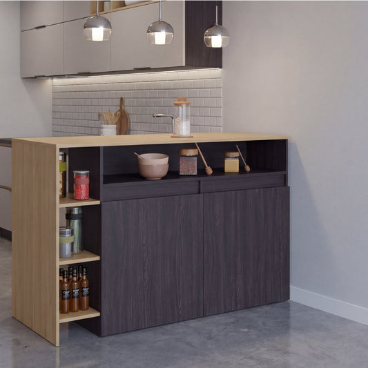 Bari Modern Kitchen Island and Counter Dining Table, Compact Structure with 4 Open Display Shelves, Two-Door Cabinet and, Spacious Dining Countertop